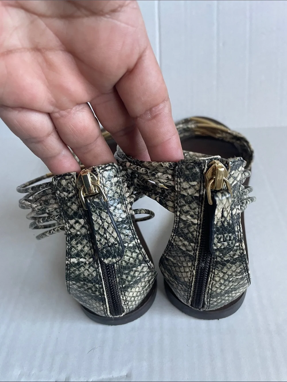 Tory Burch Gold and Snake-Print Ankle Wrap Ladies Sandals Size 9.5